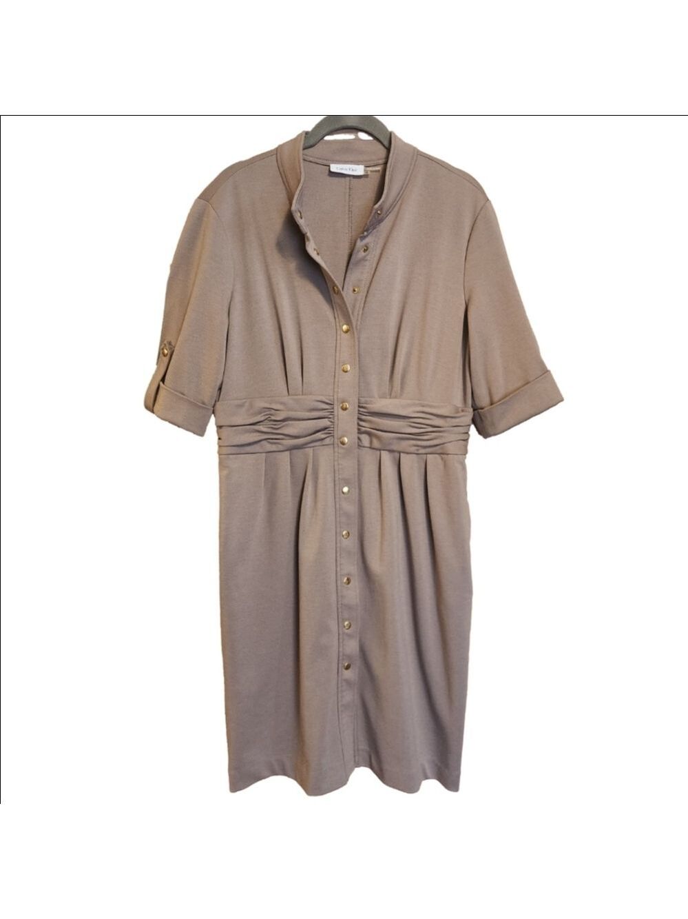 CALVIN KLEIN PONTE KNIT TAB SLEEVE SNAP UP MIDI SHIRT DRESS IN TAN SIZE 12 - Picture 2 of 7